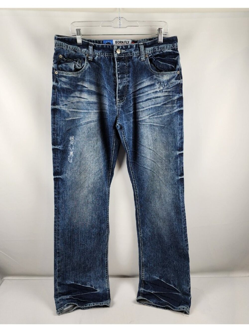 Born Fly Jeans Mens 36x34 Blue Anytown USA Button Fly Distressed Denim